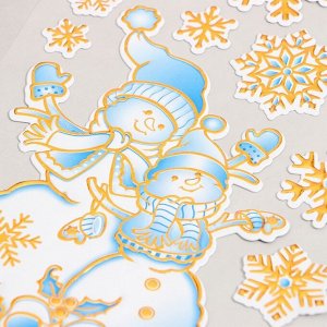 Наклейка пластик "Снеговики под снежинками" серебристо-голубая 17х27 см