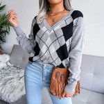 Женский пуловер, с V-образным вырезом, вязаный, принт &quot;аргайл&quot;, цвет серый