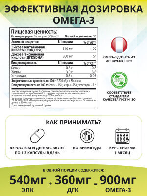 1WIN / БАД / Омега 3 900 мг / Рыбий жир, 90 капсул