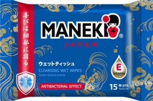 Салфетки влажные "MANEKI", с антибактериальным эффектом, аромат "морская свежесть", 15шт./упак