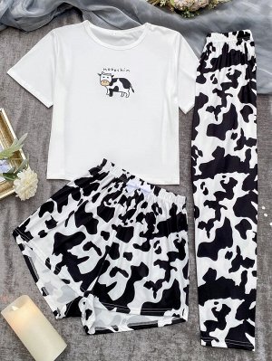 Пижама с шортами и топом и брюками с принтом коровы и буквы