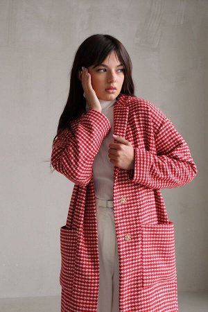 Пальто-кокон с накладными карманами в гусиную лапку красное (остаток: )