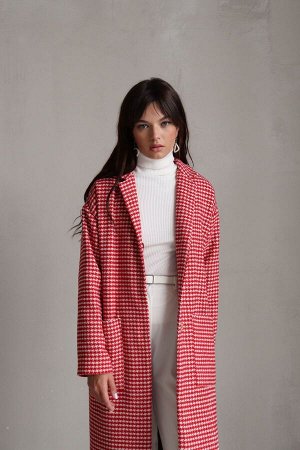 Пальто-кокон с накладными карманами в гусиную лапку красное (остаток: )