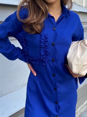 Платье-рубашка с накладным карманом синее