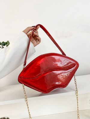 Необычная сумка неоново-красный губы в форме цепочка из искусственной лакированной кожи