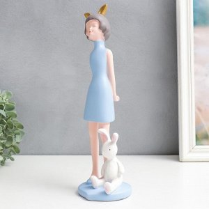 Сувенир полистоун "Девочка с заичьими ушками, с кроликом" голубой 29х10х10 см