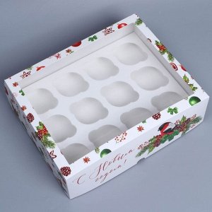 Коробка складная на 12 капкейков с окном «Снегирь», 32,8 х 25,6 х 10 см