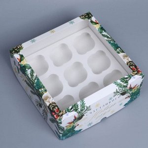 Коробка складная на 9 капкейков с окном «Счастливого Нового года», 25 х 25 х 10 см