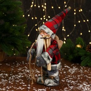 Дед Мороз "В клетчатой шубке и с подарками" 28 см, двигается, красно-серый