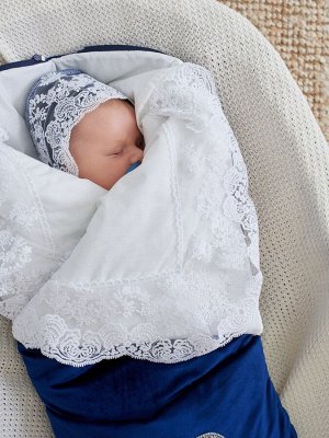 Luxury Baby Конверт-одеяло на выписку &quot;Императорский&quot; (темно-синий с молочным кружевом и большой короной на молнии)