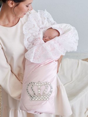 Luxury Baby Конверт-одеяло на выписку &quot;Империя&quot; нежно-розовый Атлас с белым кружевом и большой короной на липучке