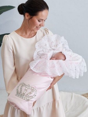 Luxury Baby Конверт-одеяло на выписку &quot;Империя&quot; нежно-розовый Атлас с белым кружевом и большой короной на липучке
