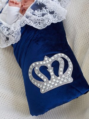 Luxury Baby Конверт-одеяло на выписку &quot;Императорский&quot; (темно-синий с молочным кружевом и большой короной на липучке)