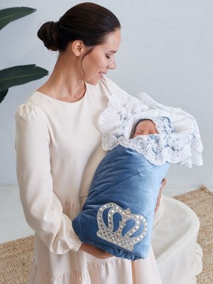 Зимний Конверт-одеяло на выписку "Императорский" (голубой с молочным кружевом и большой короной на липучке)