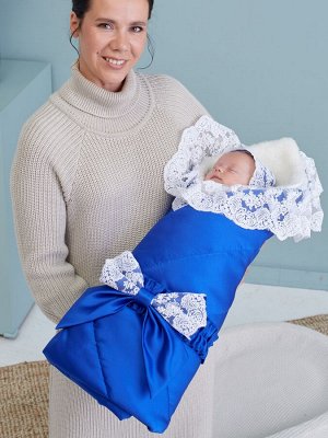 Зимний Конверт-одеяло на выписку "Неаполь" (синий с молочным кружевом)