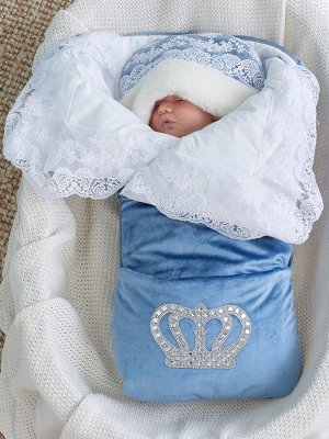 Luxury Baby Зимний Конверт-одеяло на выписку &quot;Императорский&quot; (голубой с молочным кружевом и большой короной на молнии)