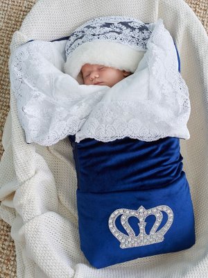 Зимний Конверт-одеяло на выписку "Императорский" (темно-синий с молочным кружевом и большой короной на молнии)