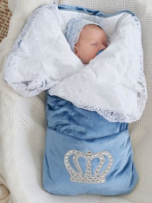 Летний конверт-одеяло на выписку "Императорский" (голубой с молочным кружевом и большой короной на молнии)