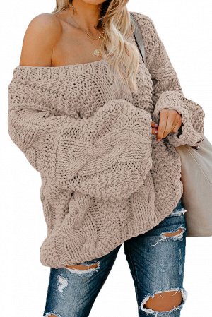 Apricot Bubblegum V-Neck Braided Knit Sweater