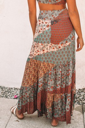 Кирпично-серая свободная макси юбка с сочетанием различных принтов и эффектом пэчворка