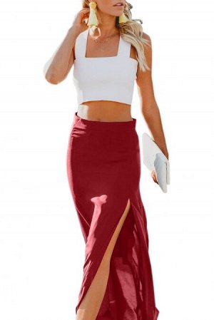 Красная свободная макси юбка с высоким разрезом сбоку