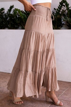 Розовая многоярусная юбка-макси с эластичным поясом и завязками
