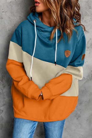Трехцветный пуловер-худи: синий, бежевый, оранжевый