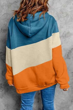 Трехцветный пуловер-худи: синий, бежевый, оранжевый