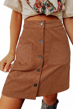 Коричневая юбка-трапеция с карманами и пуговицами спереди