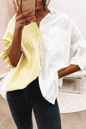 Бело-желтая рубашка оверсайз с нагрудным карманом