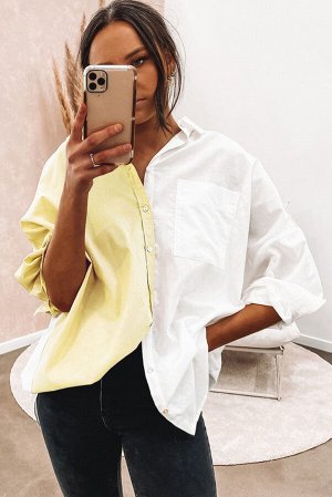 Бело-желтая рубашка оверсайз с нагрудным карманом