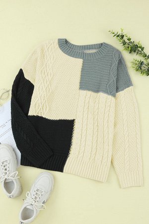 Вязаный свитер в стиле колорблок: бежевый, серый, черный