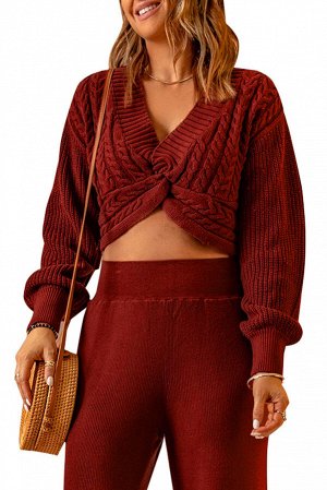 Красный укороченный свитер косами с узлом спереди