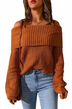 Коричневый свитер в рубчик с открытыми плечами