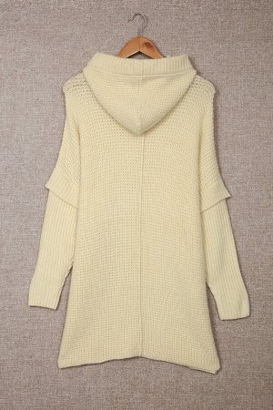 Бежевый вязаный свитер в рубчик с капюшоном и разрезами