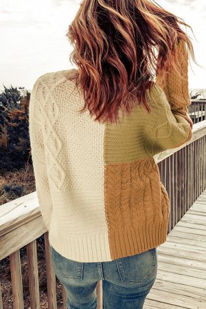Вязаный свитер в стиле колорблок: молочный, коричневый, хаки