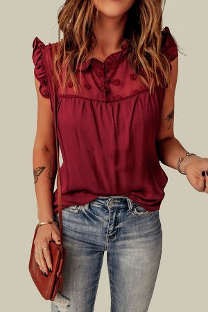 Бордовая блузка с сетчатой кокеткой в горошек и рюшами