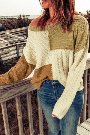 Вязаный свитер в стиле колорблок: молочный, коричневый, хаки