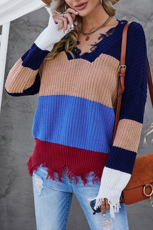 Сине-бежевый полосатый свитер с "рваными" краями