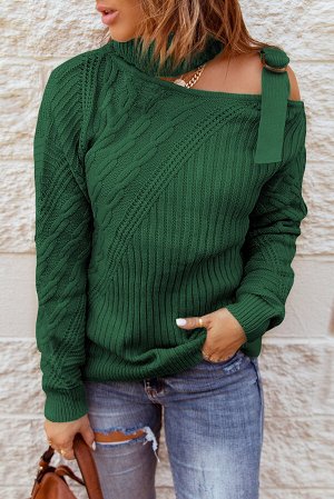 Зеленый вязаный свитер с воротом под горло и открытым плечом