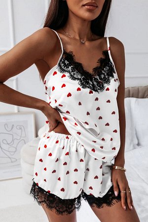 Белая атласная пижама с контрастной кружевной отделкой из двух предметов: шорты + топ