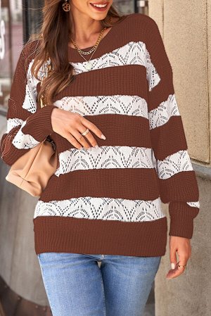 Бело-коричневый полосатый вязаный свитер с перфорацией