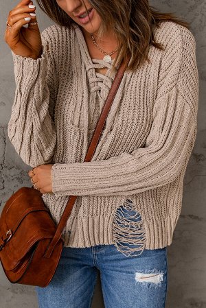 Бежевый рваный свитер с капюшоном и шнуровкой