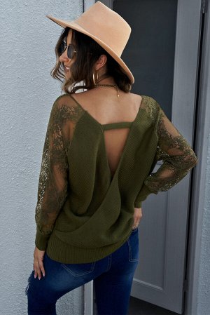 Зеленый свитер с запахом и открытой спиной с кружевными вставками