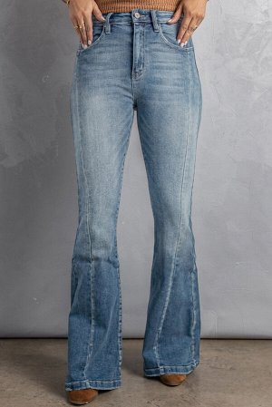 Sky Blue High Waist Flare Jeans with Pockets