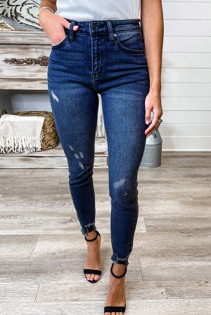 Blue High Rise Frayed Ankle Skinny Jeans