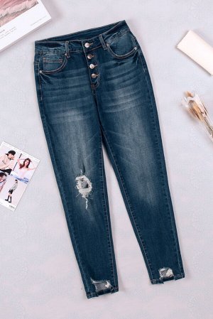 Blue Button Fly High Waist Ripped Skinny Fit Ankle Jeans