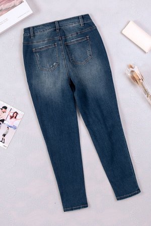 Синие джинсы-скинни на пуговицах с потертостями и разрезами