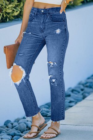 Dark Blue Distressed Holes Straight Jeans