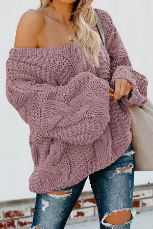 Pink Bubblegum V-Neck Braided Knit Sweater